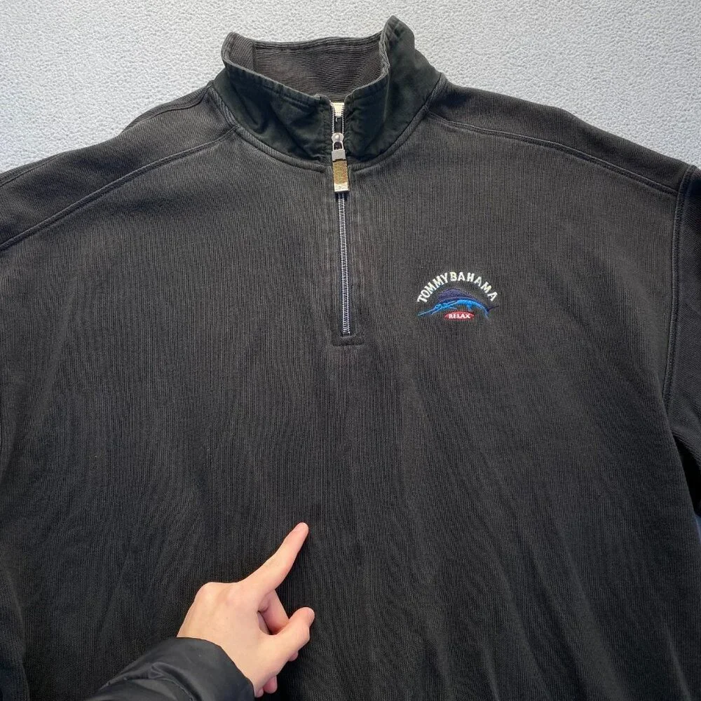 Tommy Bahama Men’s Sweater Black Cotton Long Sleeve Quarter Zip‎ Size XL